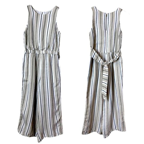 LOFT Jumpsuit Wide Leg Crop Sleeveless Pockets Linen Blend Stripe Women’s Sz 4 - Picture 10 of 11
